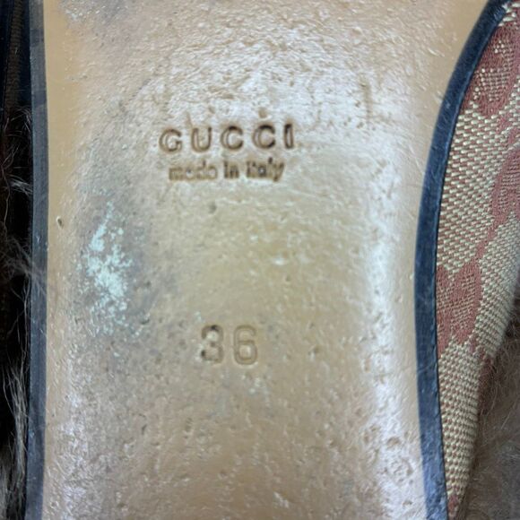 Gucci Princetown Monogram Beige GG Canvas Fur Lined Loafers Slides Size 36 - Picture 10 of 11